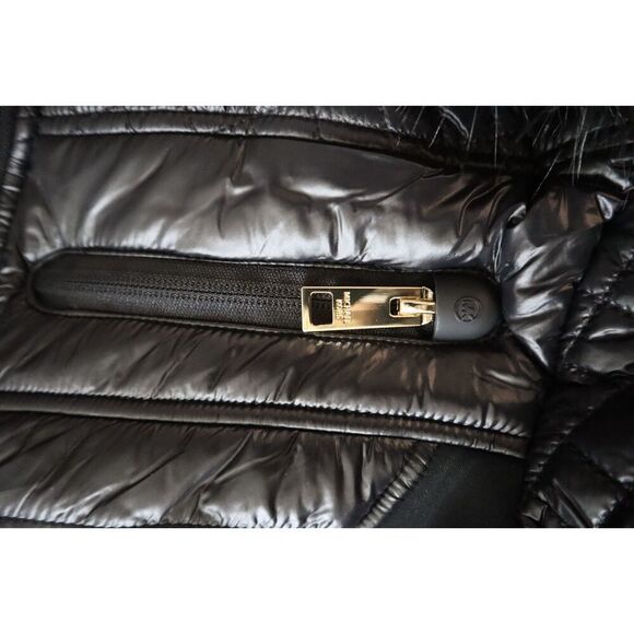 Michael Kors Women Sz M Black Faux-Fur-Trim Mixed Media Hooded Quilted Coat - Picture 12 of 16